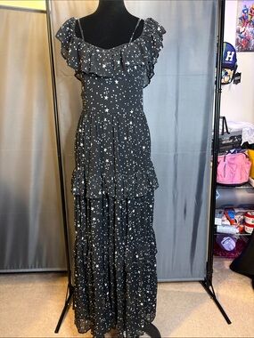 Xhilaration Black Star-Print Ruffle Maxi Dress